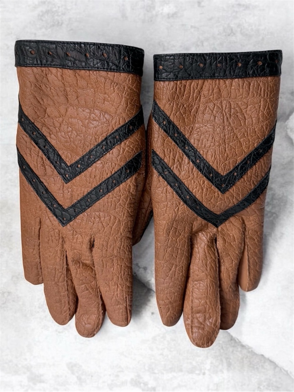 Brown Leather Gloves with Black Chevron Trim vintage
